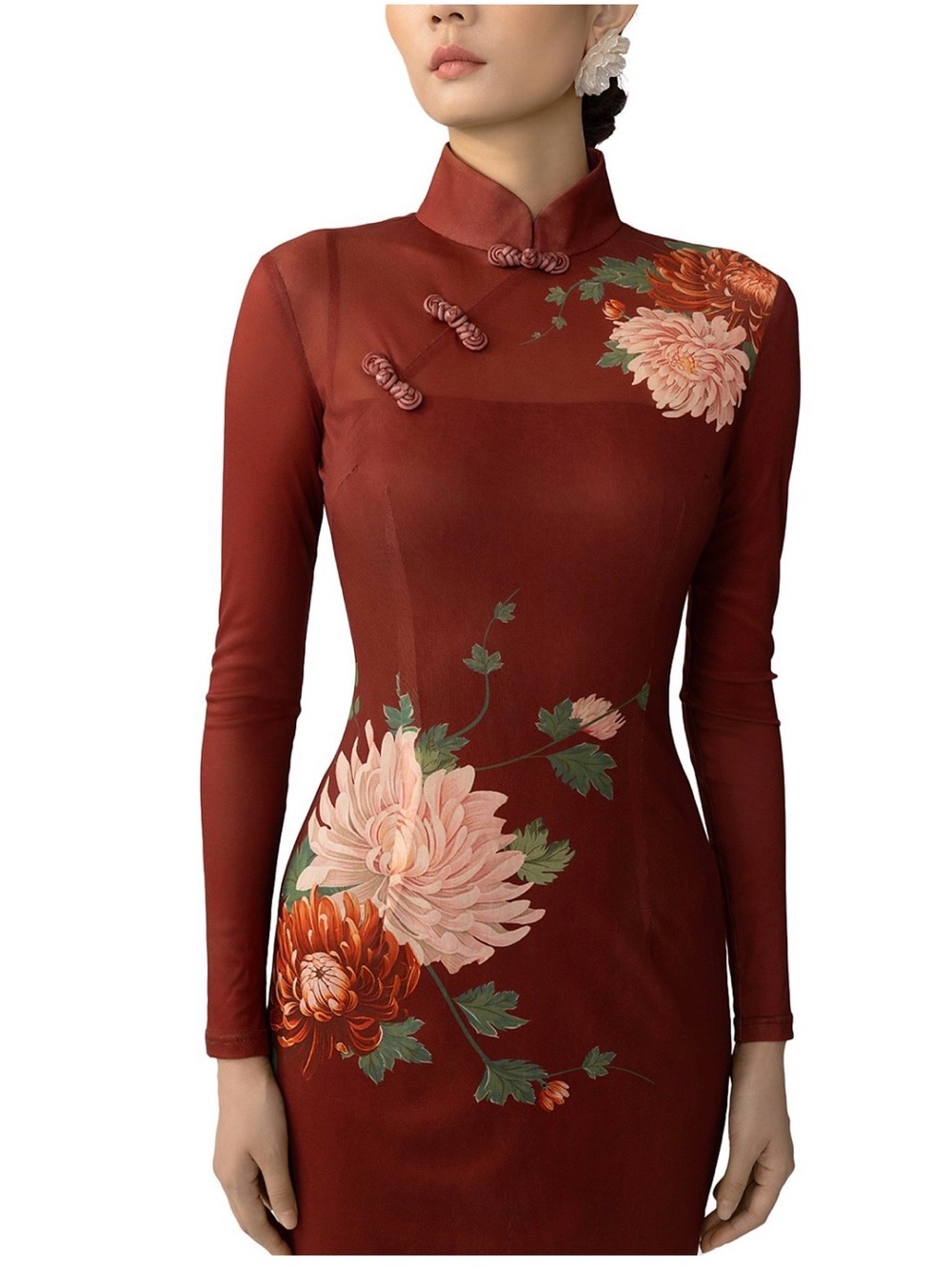 Mandarin-Collar Floral Maxi Dress in Burgundy